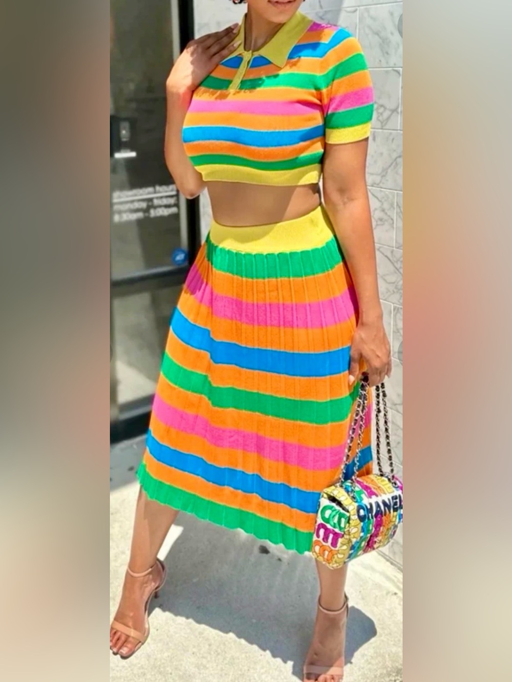 Bright Multicolor Striped Knit Midi Skirt Set